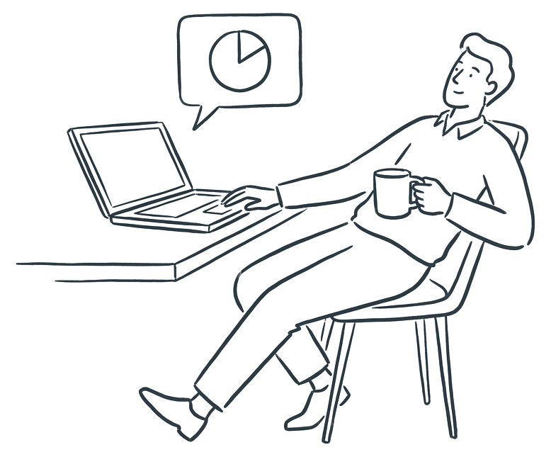 A person leaning back from a laptop with a cup in hand, a speech bubble with a small pie chart rising from the screen.