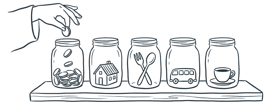A row of glass jars on a shelf, each holding a different kind of spending, and a hand dropping a coin into one.