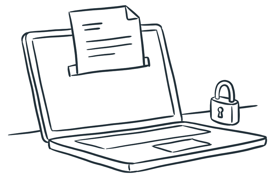 A laptop with a sheet of paper tucked inside its screen and a small padlock beside it.