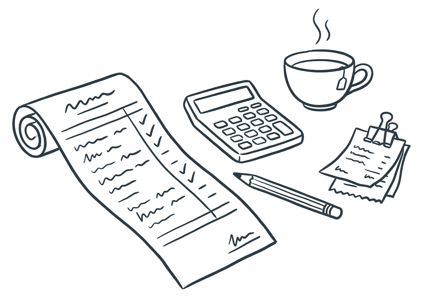 A tidy desk with a long paper form mostly filled in, a calculator, a pencil, a cup of tea and a clip of receipts.
